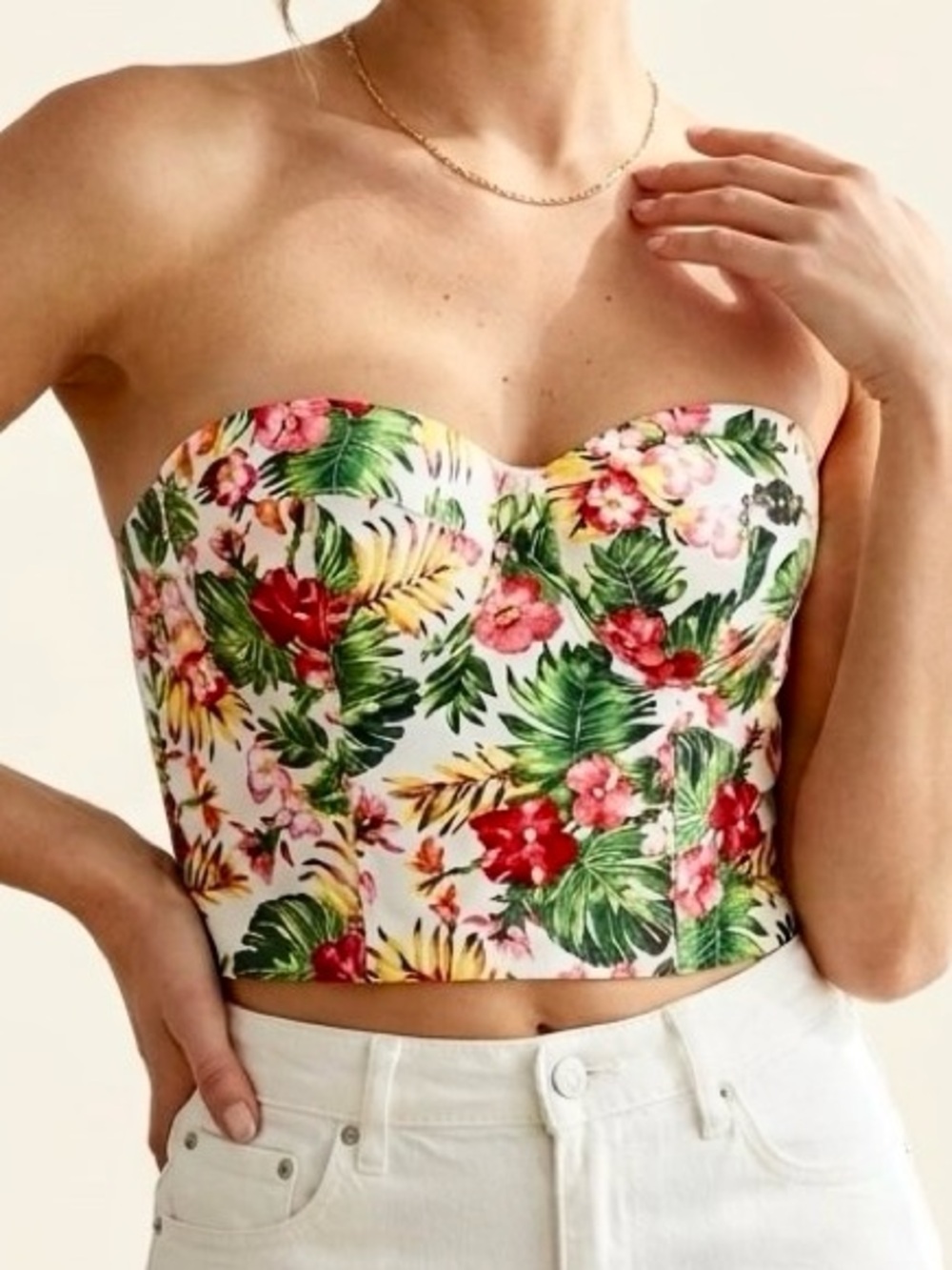 Fashion Nova Tropical Floral Strapless Corset Bustier Crop Top Size L